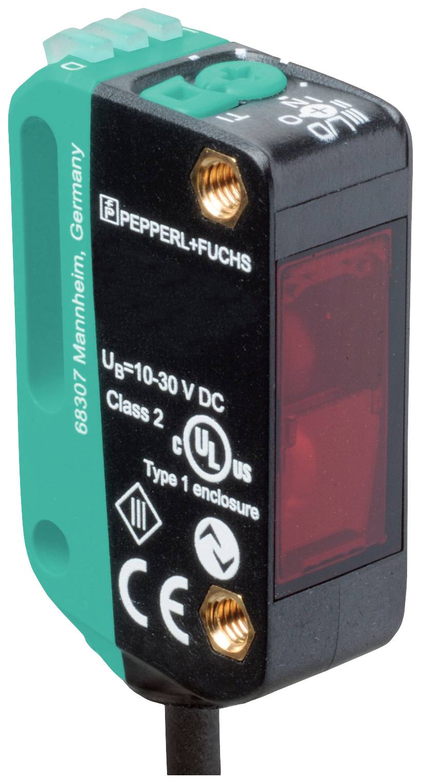 Ein rechteckiger Sensorscanner von Pepperl+Fuchs mit CE-Kennzeichnung, geeignet für 10-30 V DC, Typ 1 Gehäuse, Klasse 2.