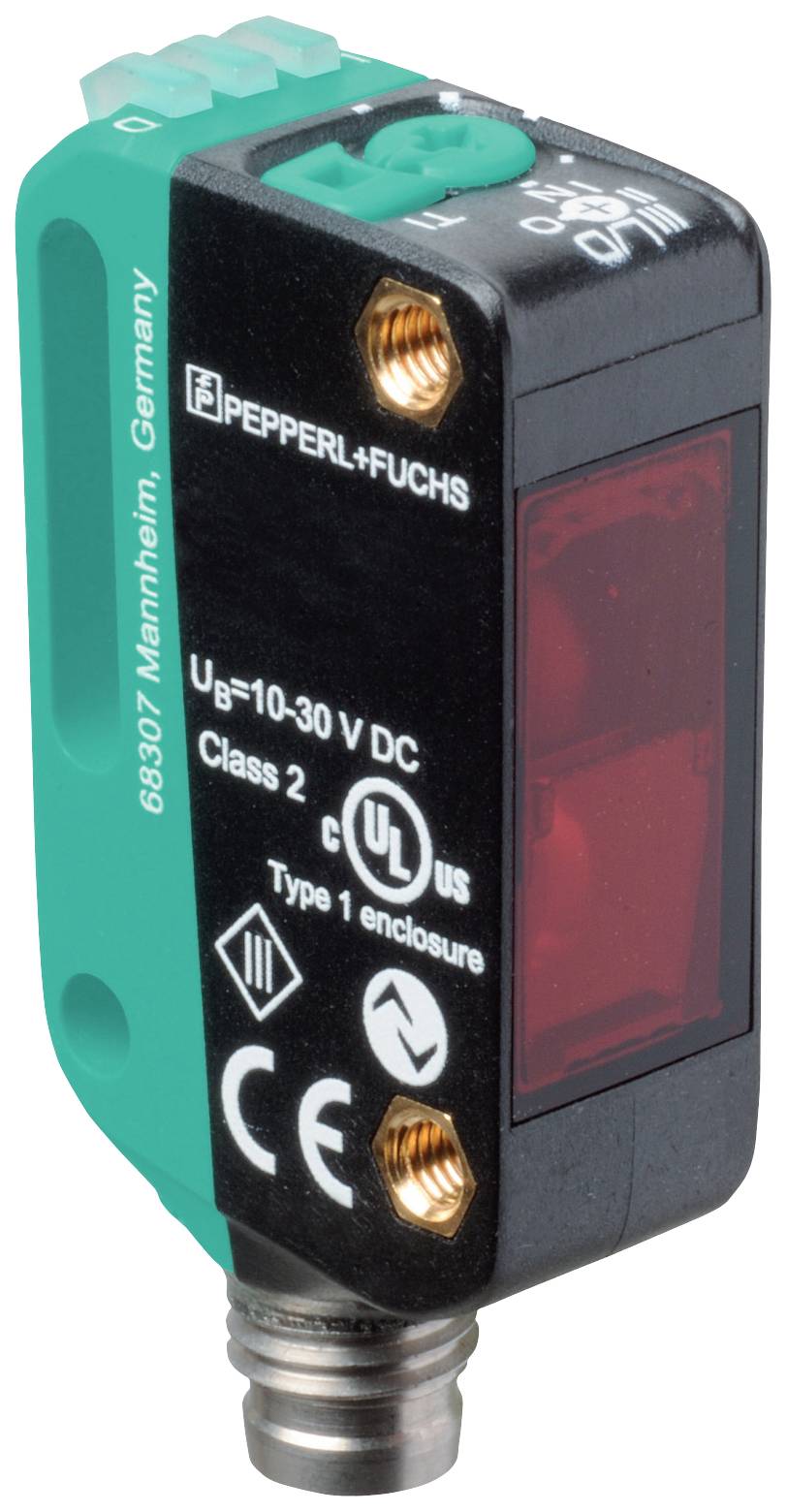 Optoelektronischer Sensor von Pepperl+Fuchs, Modellnummer aufgedruckt, mit Schutzartlogos und technischer Spezifikation.
