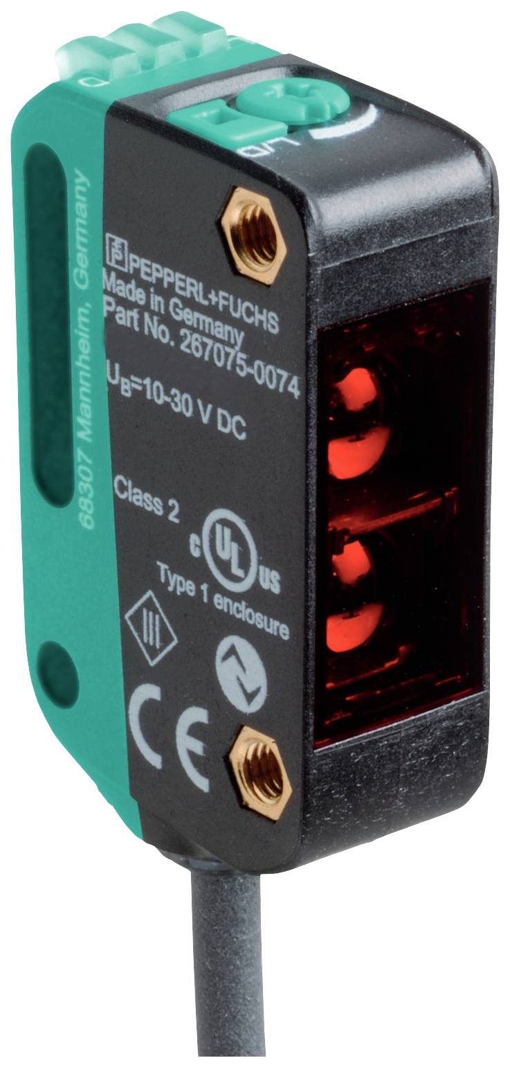 Ein rechteckiger Sensor mit Leuchtdiode, schwarzer Frontseite und blauer Rückseite. Markierungen zeigen Herstellungsdetails und Zertifizierungen.