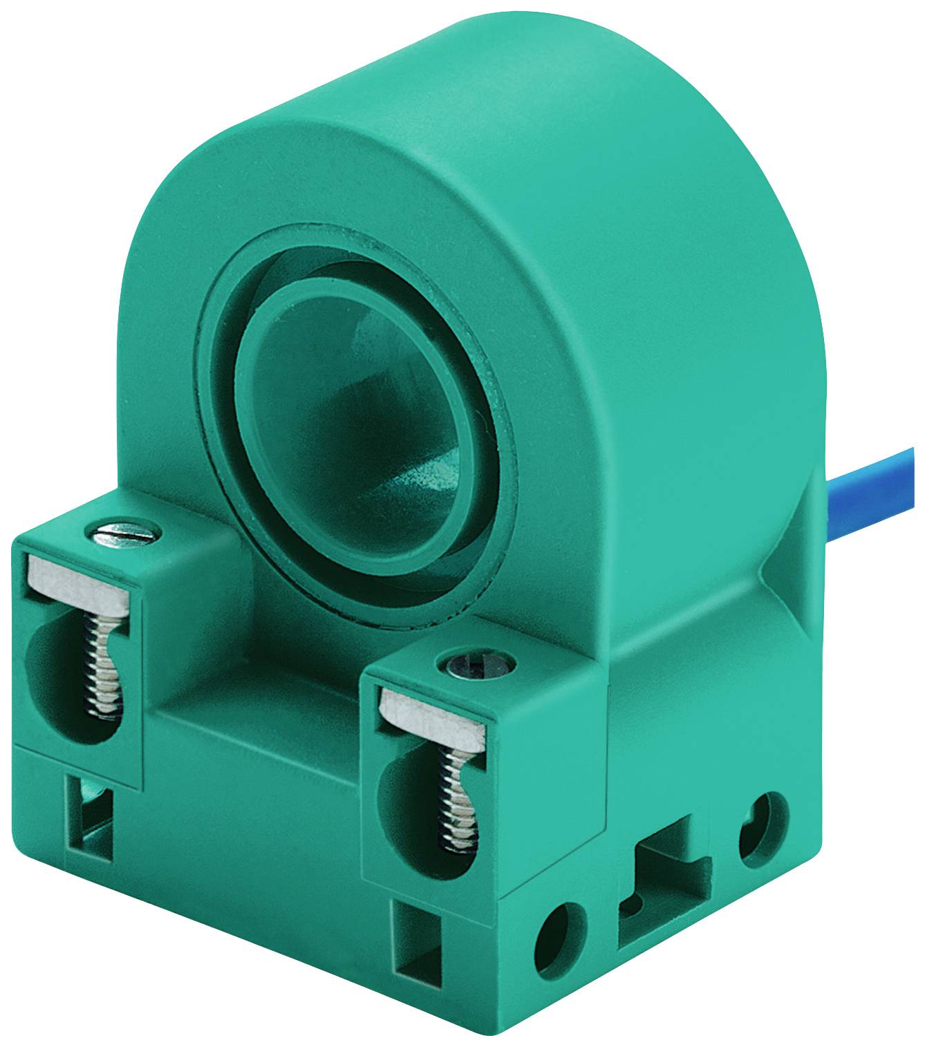 Ein grüner elektrischer Sensor mit einem runden Loch in der Mitte, befestigt an einem blauen Kabel, vermutlich ein Stromwandler.