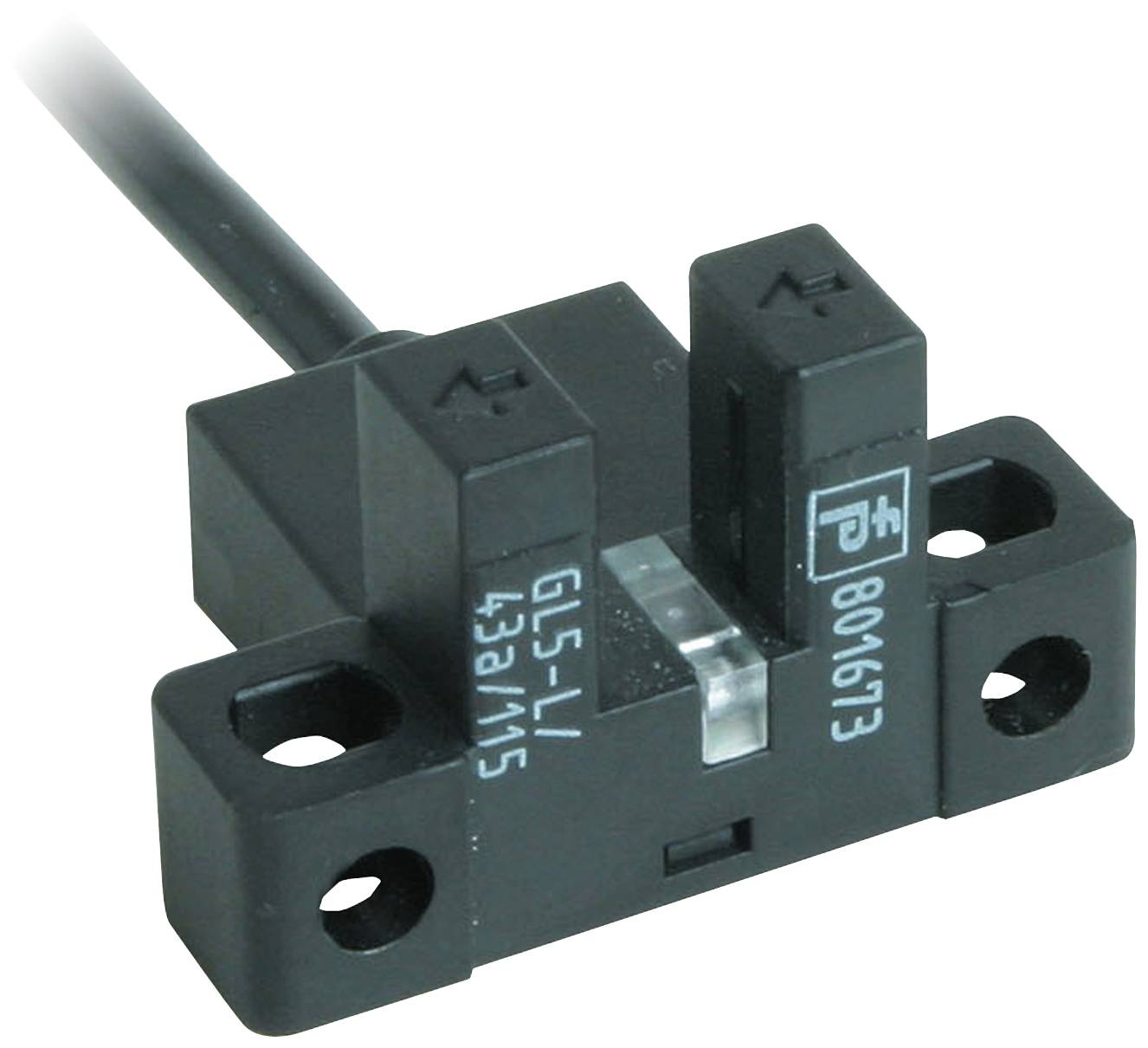 Schwarzer optischer Sensor mit zwei Montageöffnungen und verbundener Kabelleitung. Aufschrift: 'GL5-L 43/a/15'.