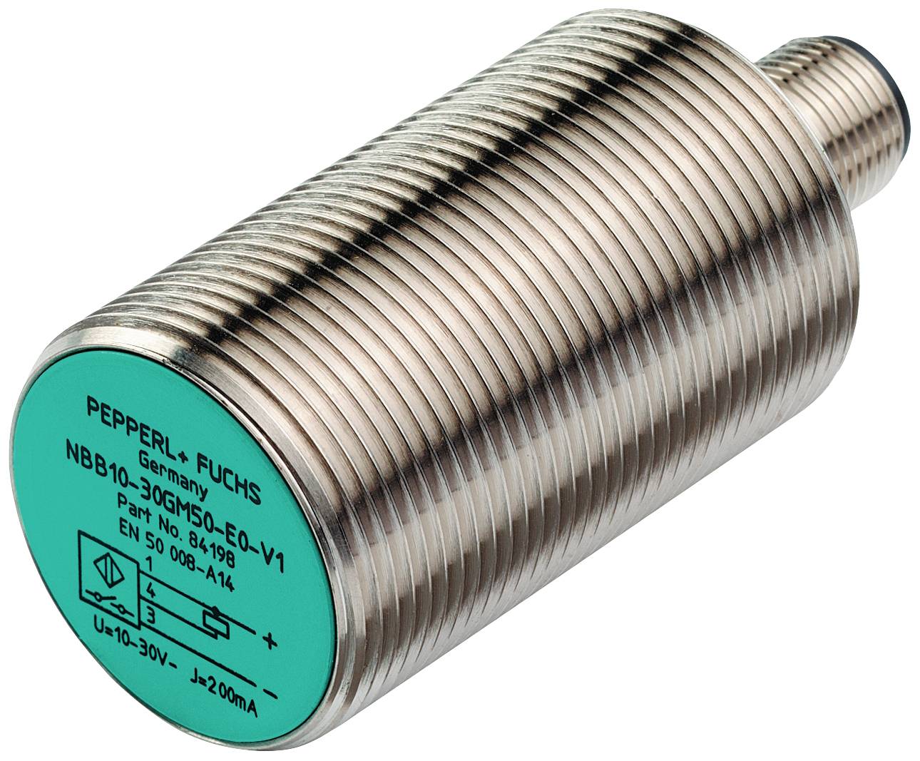 Ein zylindrischer Induktiver Sensor der Marke Pepperl+Fuchs, Modell NBB10-30GM50-E0-V1, mit metallischem Gehäuse und grünem Kopf.