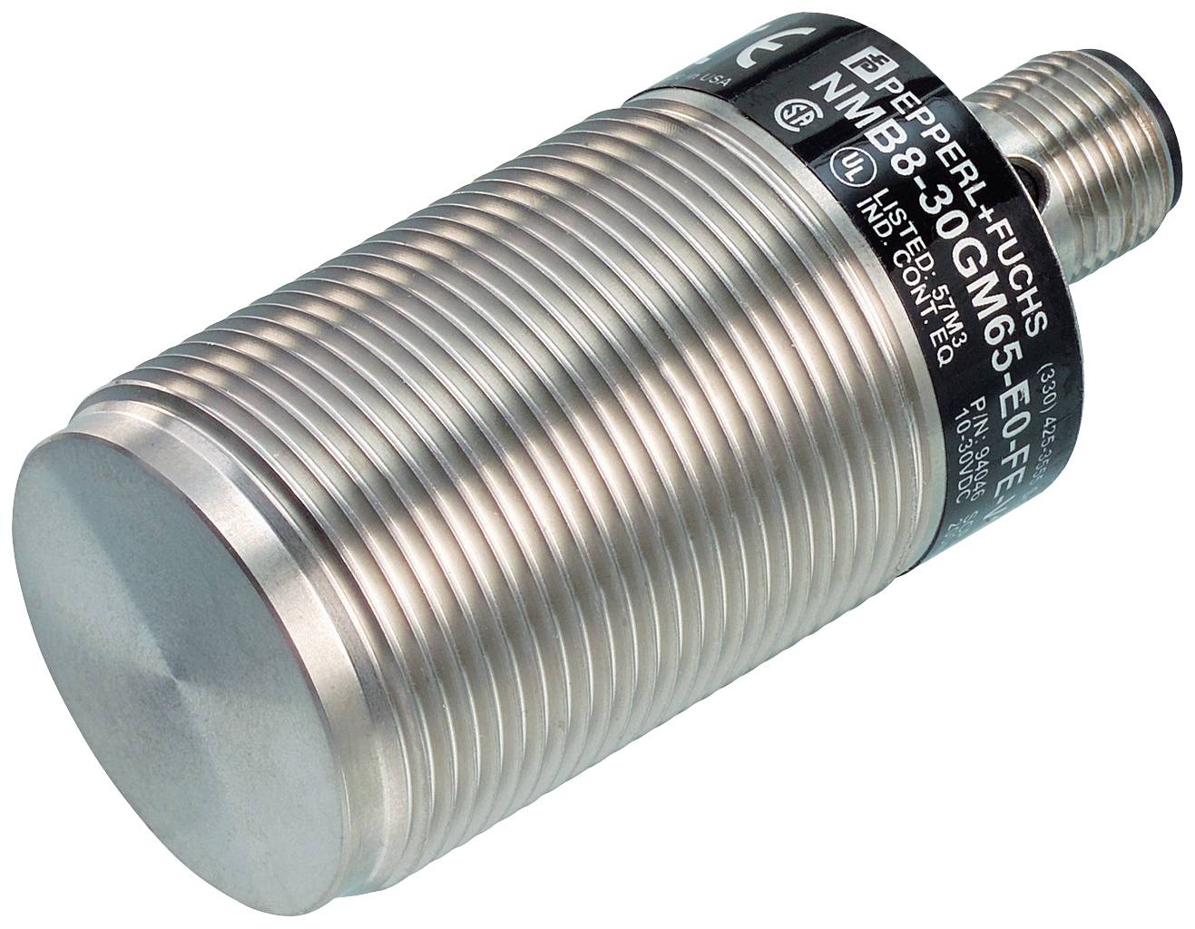 Zylindrischer Induktionssensor mit Metallgehäuse, Gewinde und Anschlusskabel. Markiert mit Produktinformationen und Herstellerlogo.