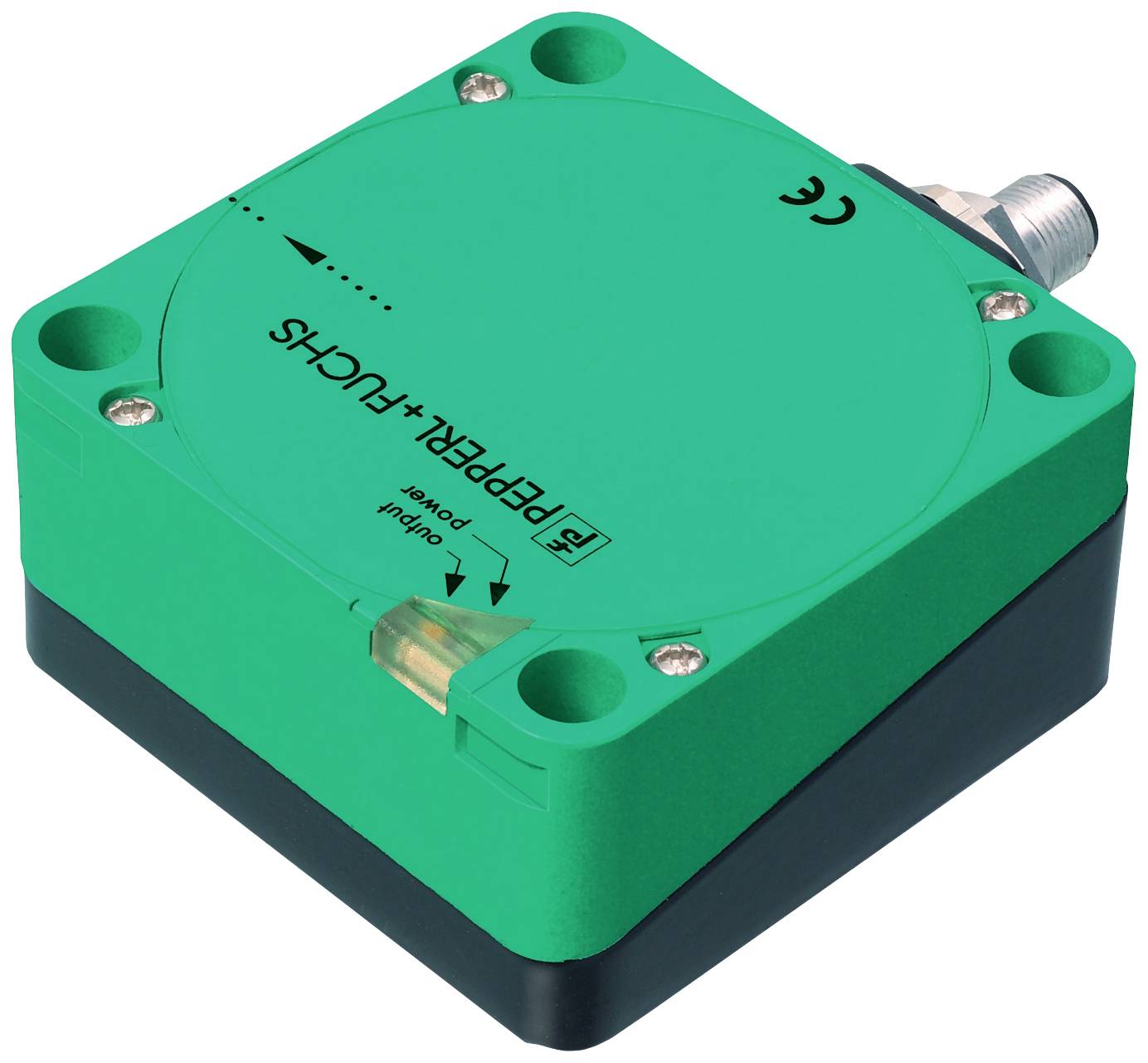 Ein grüner, quadratischer Sensor von Pepperl+Fuchs mit Kabelanschluss oben, CE-Kennzeichnung und LED-Anzeige für Status- und Stromversorgung.