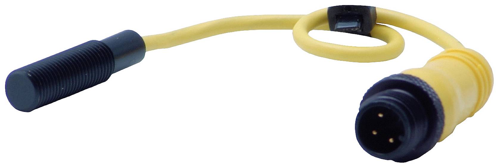 Ein gelbes Kabel mit einem zylindrischen Sensor und einem vierpoligen Stecker; dient zur Verbindung elektronischer Geräte.