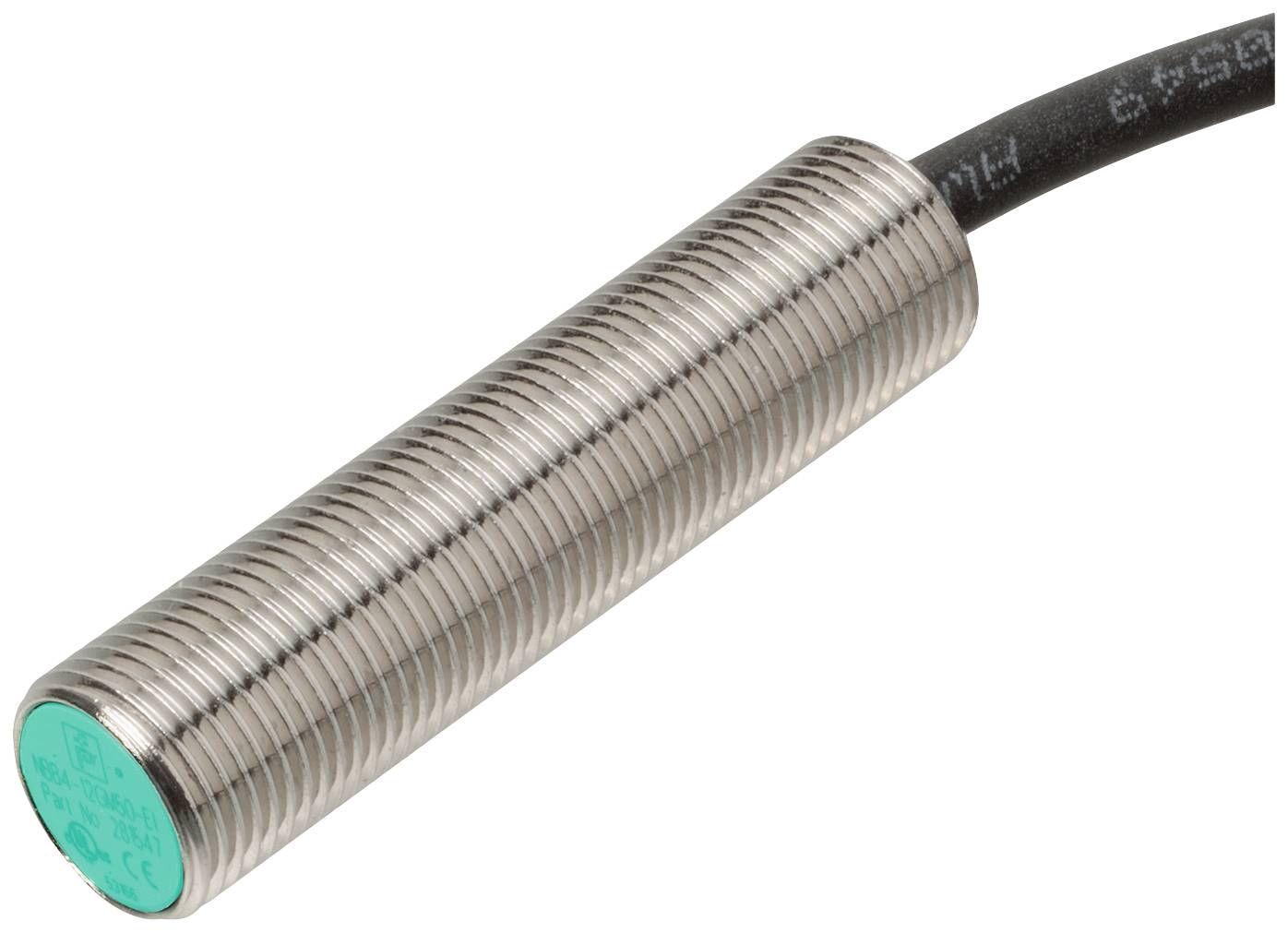 Zylindrischer induktiver Näherungssensor mit einem grünen Kopf und schwarzem Kabel. Geeignet zur Metallobjekterkennung in industriellen Anwendungen.