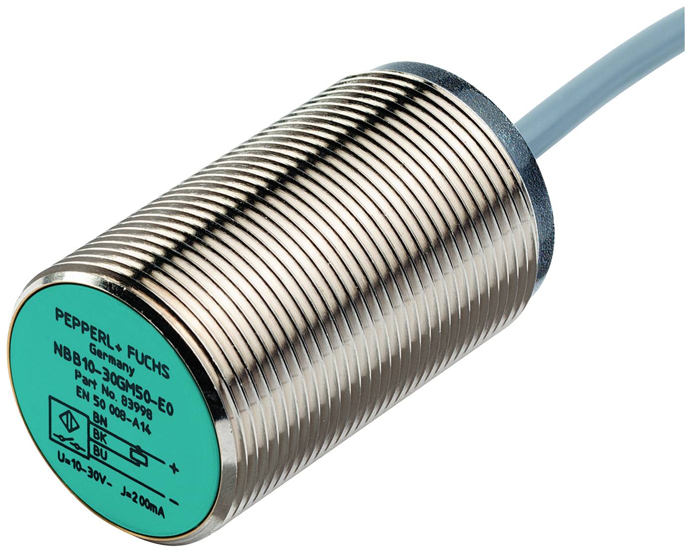 Ein zylindrischer Induktivsensor der Firma Pepperl+Fuchs mit Metallgehäuse und grünem Kopf, zeigt technische Spezifikationen.