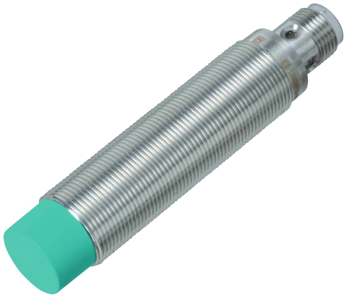 Zylindrischer, metallischer Sensor mit grünem Kopf und Gewinde, seitliche Anschlüsse für industrielle Anwendungen.