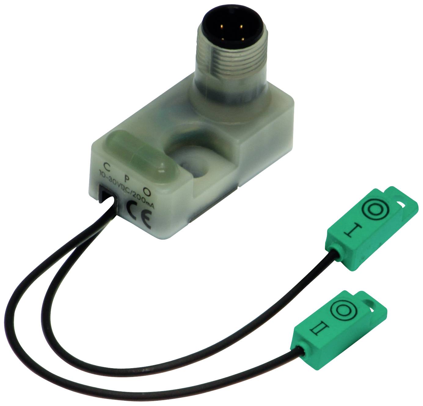 Ein Sensor mit Kabelanschluss und zwei grünen markierten Kontakten, die 'H' und 'O' zeigen. Geeignet für Spannung 10-30V und 200mA.