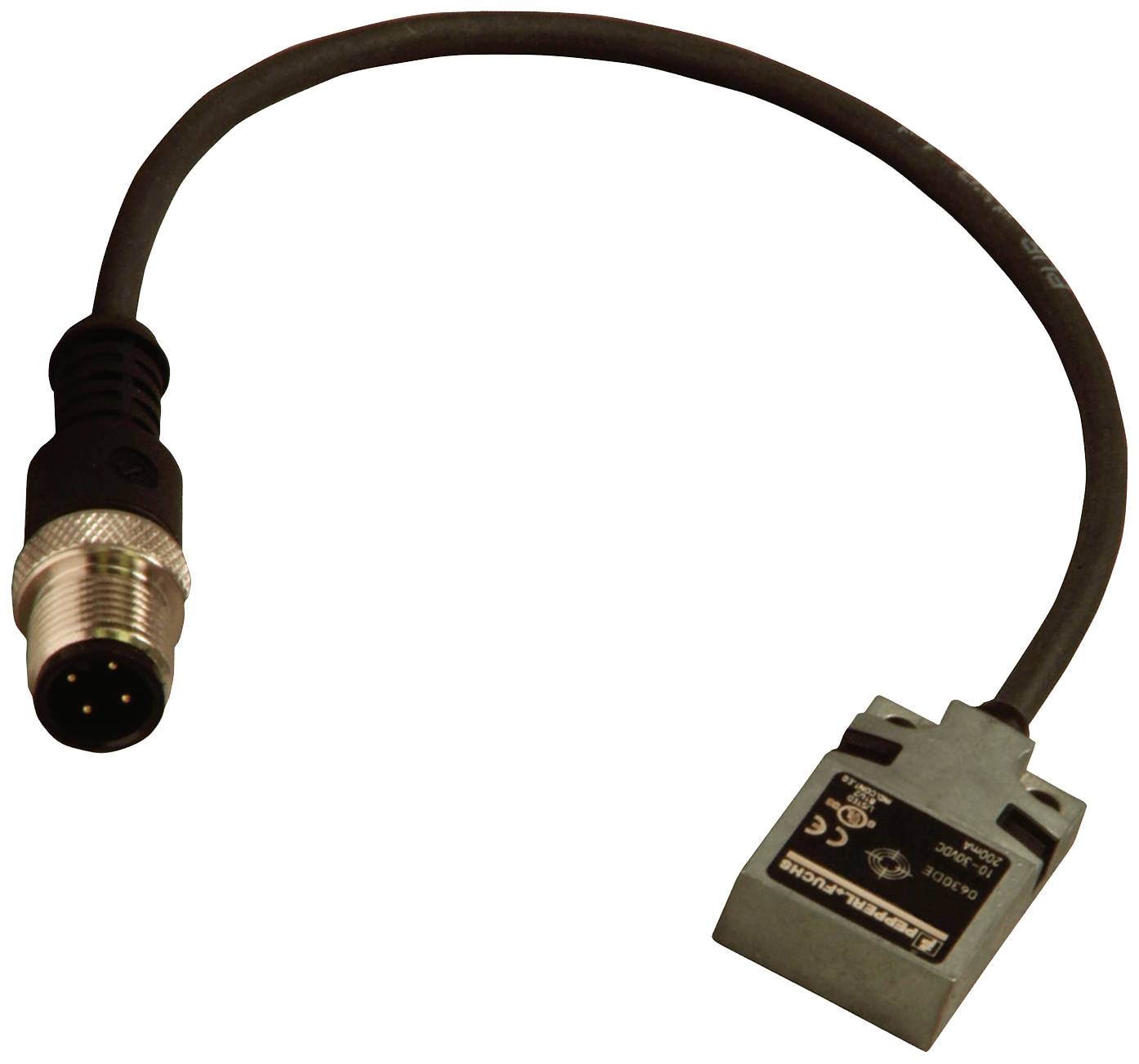 Schwarzes, flexibles Sensorkabel mit einem metallisch glänzenden, gerundeten 4-poligen Stecker an einem Ende und einem rechteckigen, beschrifteten Gehäuse am anderen Ende.