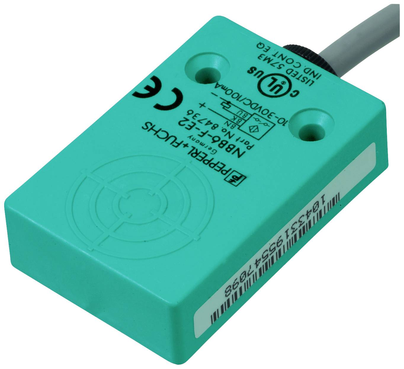 Ein rechteckiger, grüner Sensor von Pepperl+Fuchs mit Aufschrift und CE-Kennzeichnung. Oben befindet sich ein Anschlusskabel.