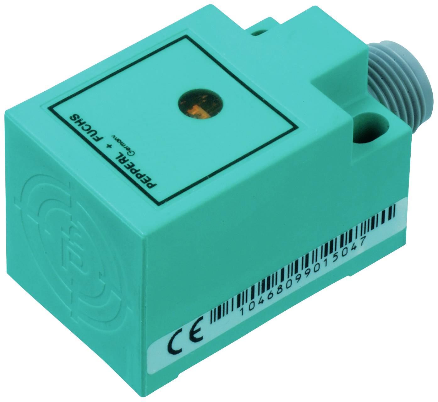 Ein rechteckiger, grüner Sensor mit CE-Kennzeichnung und Anschluss auf der Rückseite.