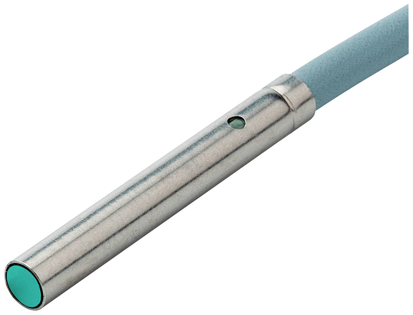 Ein zylindrischer kapazitiver Näherungssensor mit Metallgehäuse und einer blauen Kabelverbindung. Geeignet für Automatisierungsanwendungen.