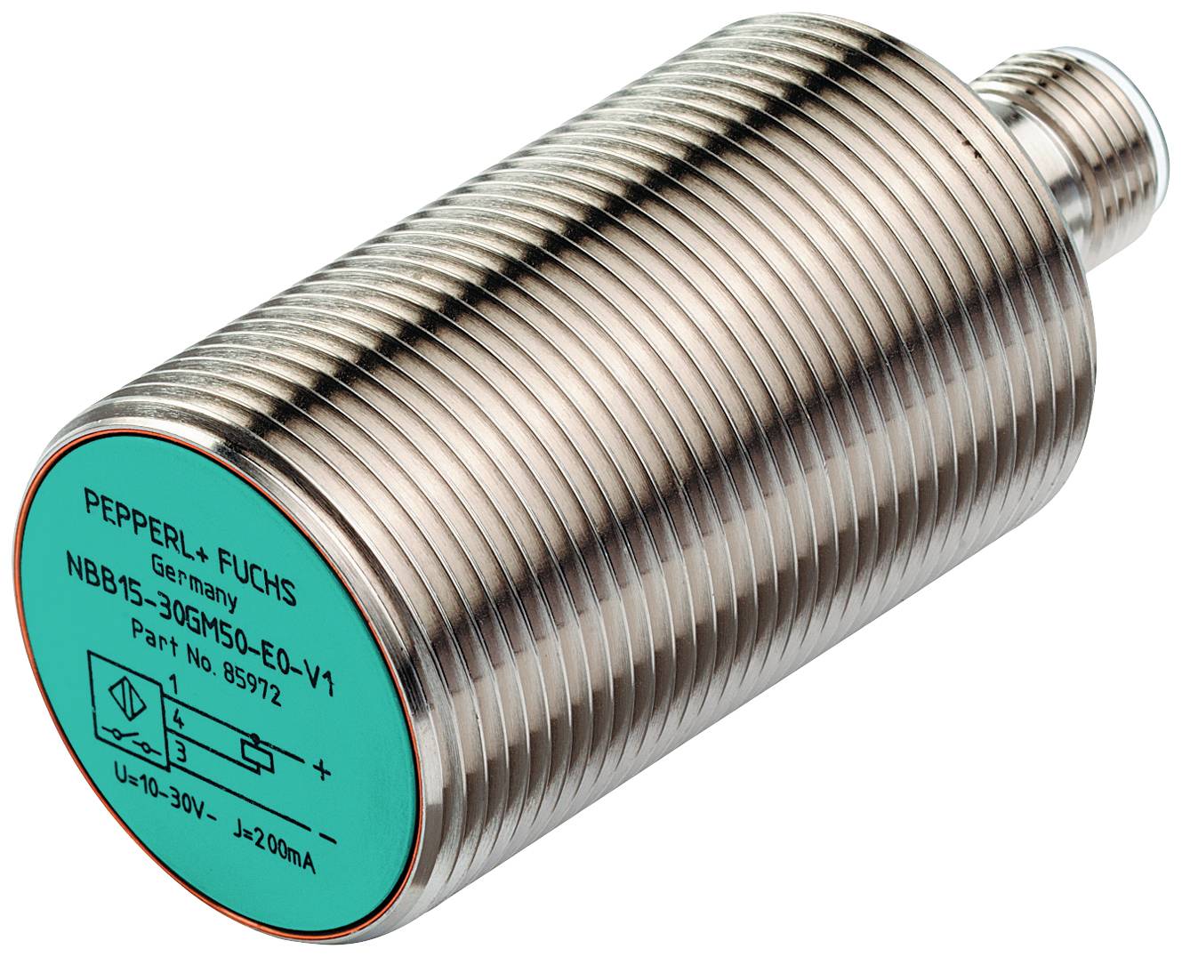 Zylinderförmiger Sensor von Pepperl+Fuchs, Modell NBB15-30GM50-E0-V1, mit grünem Etikett und Metallgehäuse.