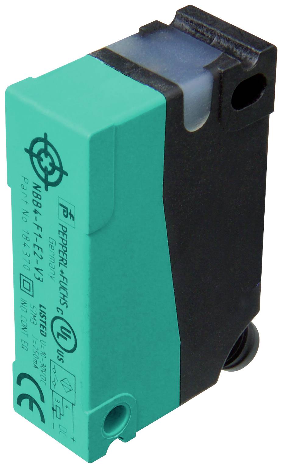 Ein rechteckiger, türkisfarbener Sensor mit schwarzer Abdeckung, industrielles Design, Markenlogo und Zertifizierungszeichen sichtbar.