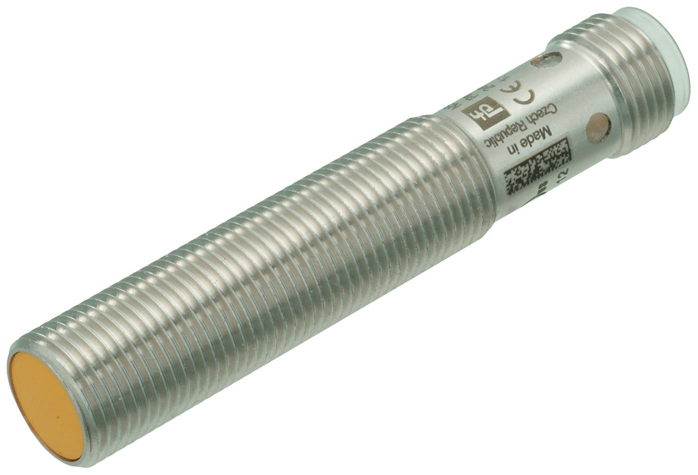 Ein zylindrischer Induktiver Sensor in Metallausführung mit orangefarbener Spitze. Eignet sich zur Erkennung metallischer Objekte.