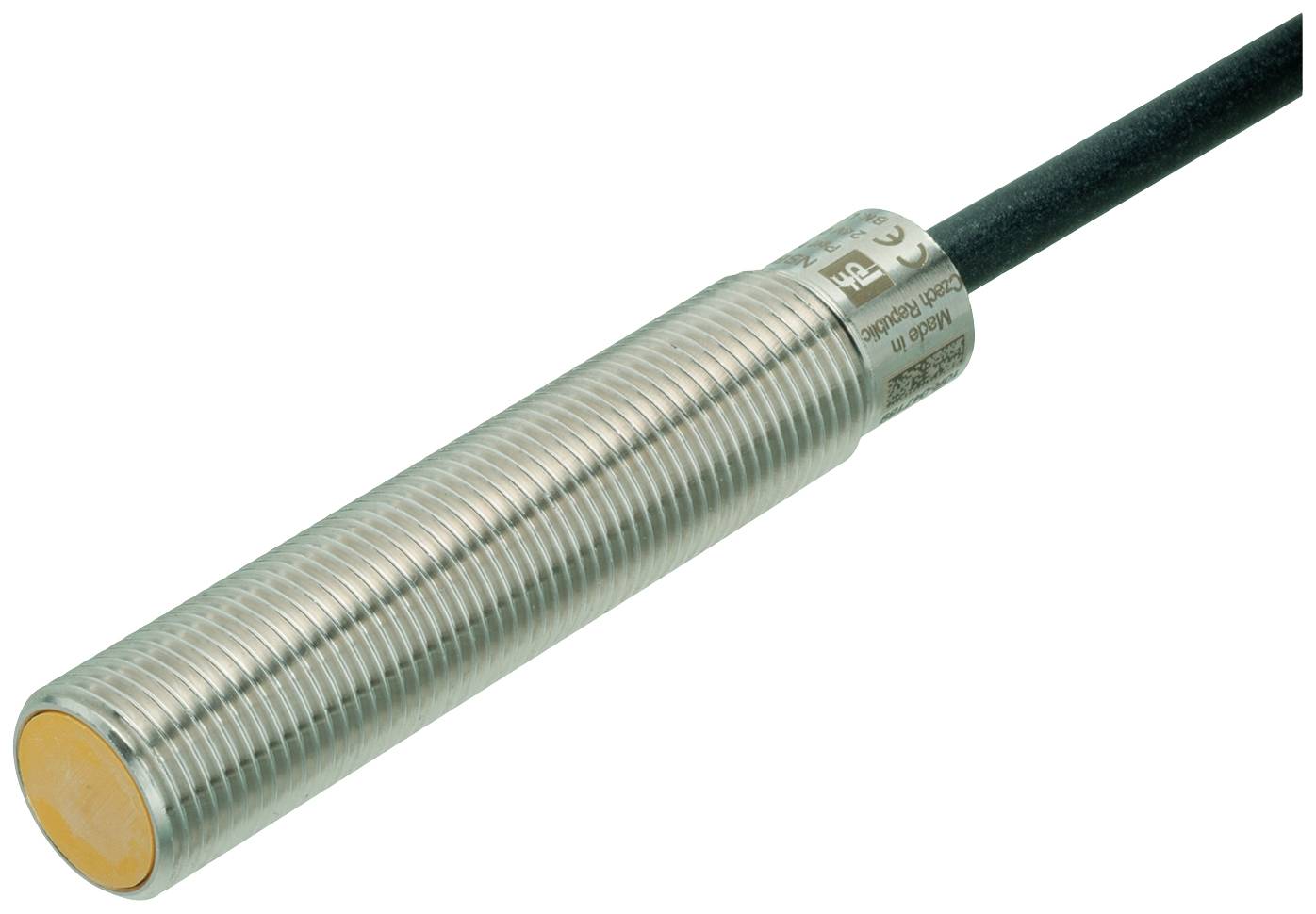 Ein zylindrischer, leistungsstarker Näherungssensor aus Metall mit Kabelanschluss, der für industrielle Anwendungen geeignet ist.