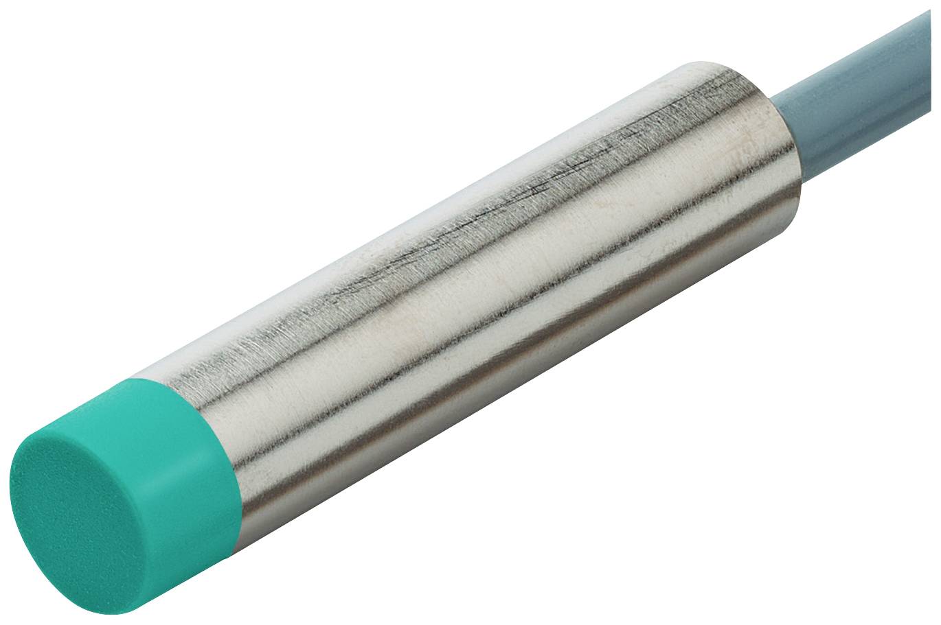 Zylindrischer Sensor mit metallener Oberfläche und grünem Kunststoffkopf, verwendet in industriellen Anwendungen zur Positionserkennung.