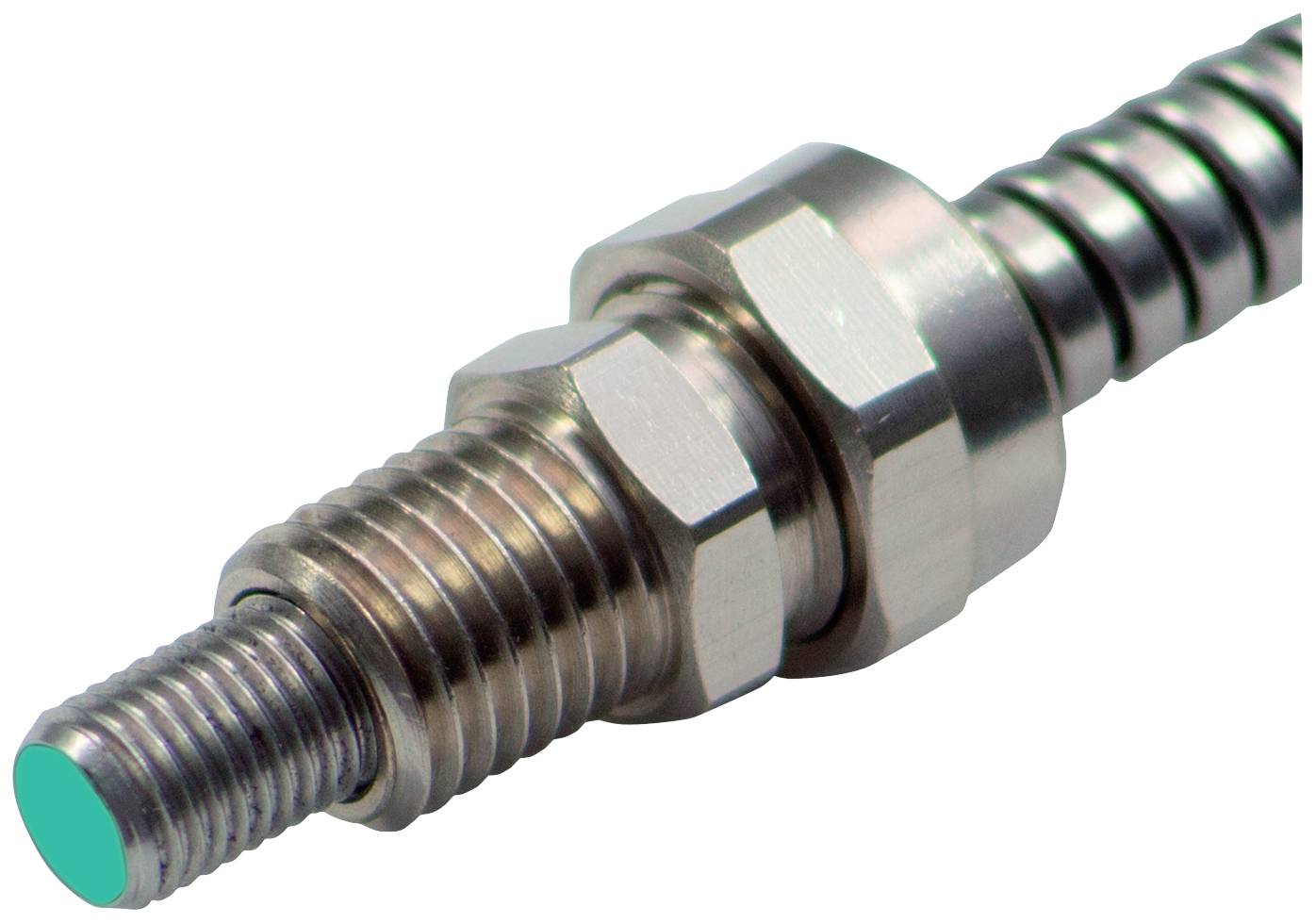 Metallische Spindel mit Gewinde und Mutter, zylindrisch geformt, verwendet in mechanischen Anwendungen zur Bewegungsübertragung.