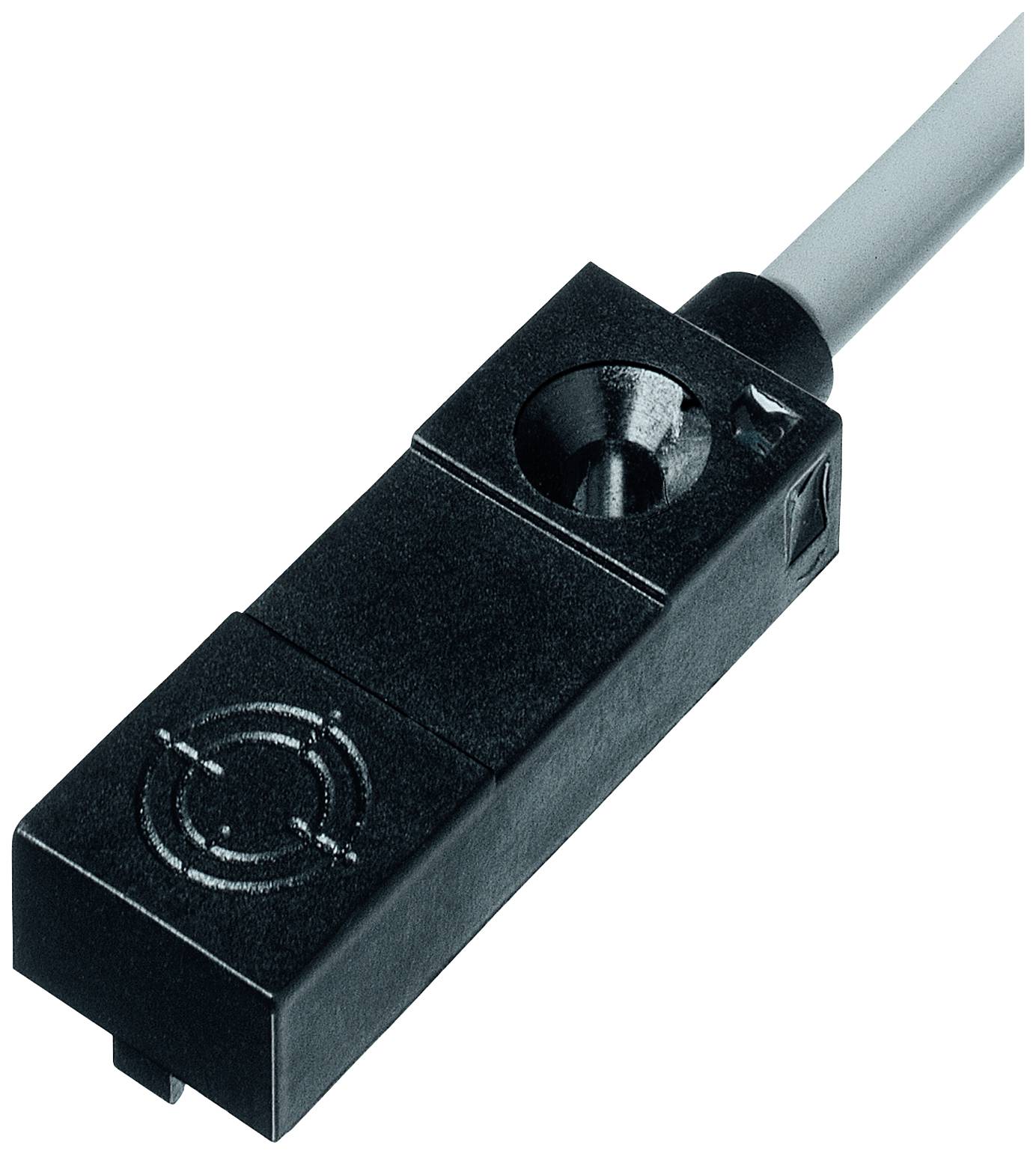 Kleiner schwarzer Sensor mit Kabel, rechteckig geformt, zeigt einen runden Messpunkt auf der Oberfläche.