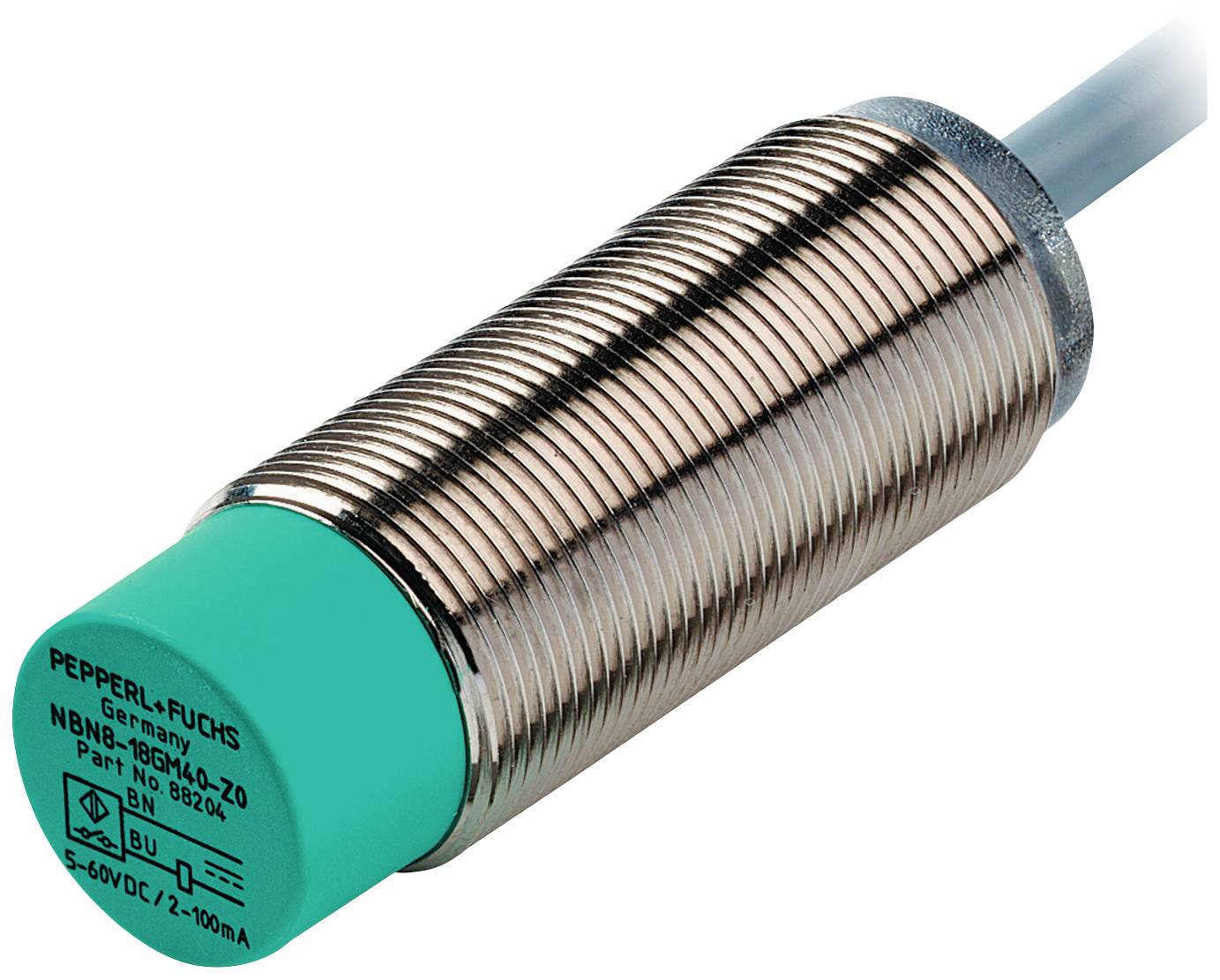 Zylindrischer Sensor mit Kabel, grünem Kopf und Metallgewinde. Markiert mit 'Pepperl+Fuchs'.