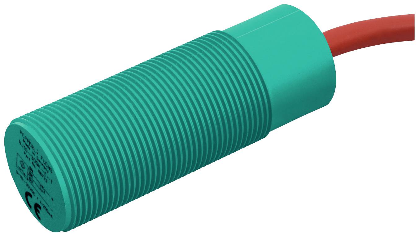 Zylindrischer induktiver Sensor mit rotem Kabel. Er wird zur Erkennung von Metallobjekten in automatisierten Prozessen verwendet.