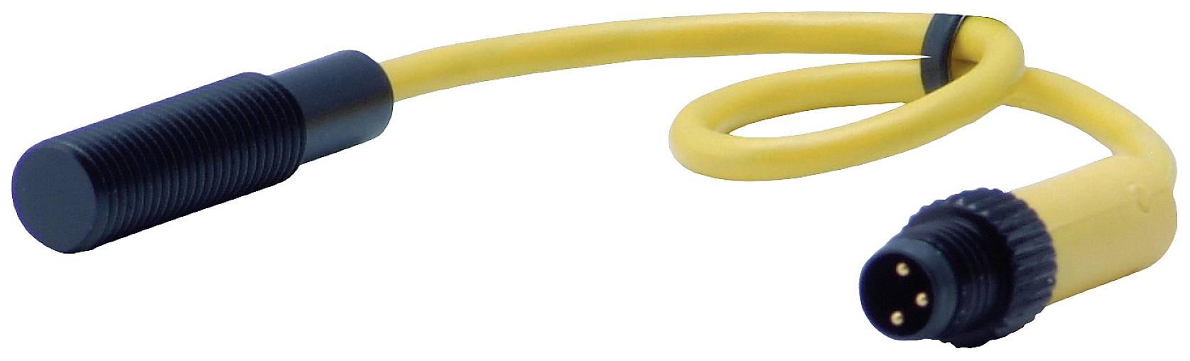 Gelbes Kabel mit einem schwarzen zylindrischen Stecker und einem drei-poligen Anschluss.