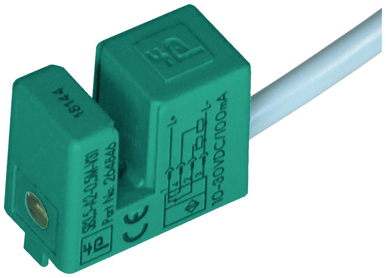 Ein grüner Induktivsensor mit technischen Markierungen und einem verbundenen Kabel. Geeignet für Spannungen von 10–30 V DC, 100 mA.