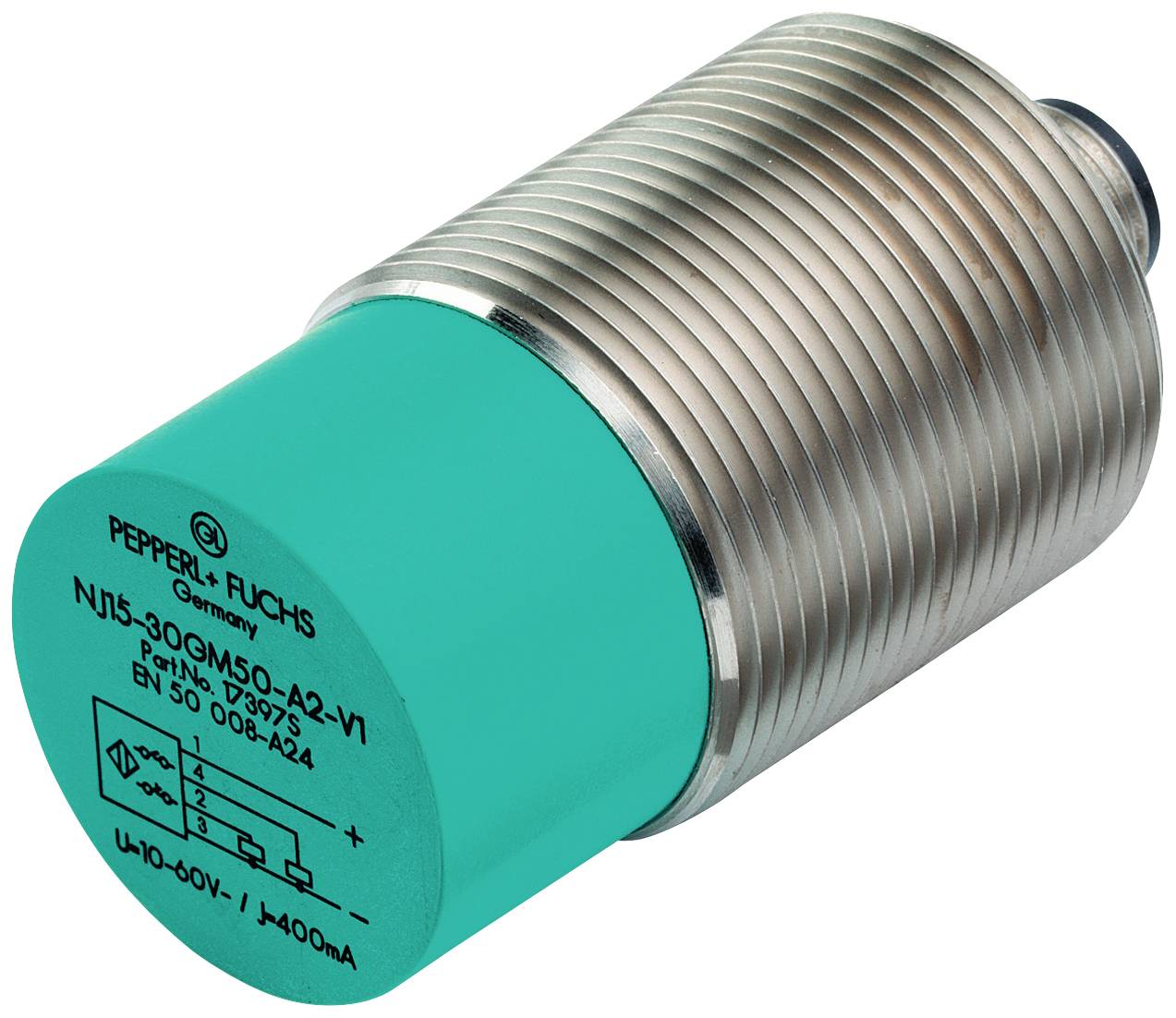 Induktiver Sensor von Pepperl+Fuchs, Modell NJ15-30GM50-A2-V1. Metallgehäuse mit grünem Kopf, für industrielle Anwendungen.