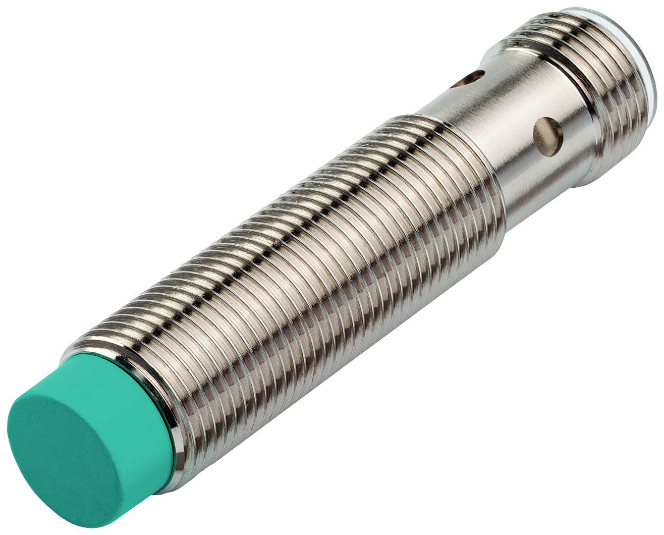Zylindrischer Näherungssensor mit grünem Kopf, geeignet für die Erkennung von Objekten in industriellen Anwendungen.