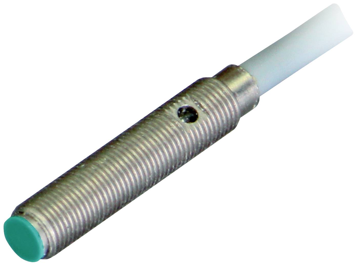 Metallsensor zylindrischer Form mit grünem Ende und angeschlossenem Kabel, zur Erkennung von Metallobjekten in industriellen Anwendungen.