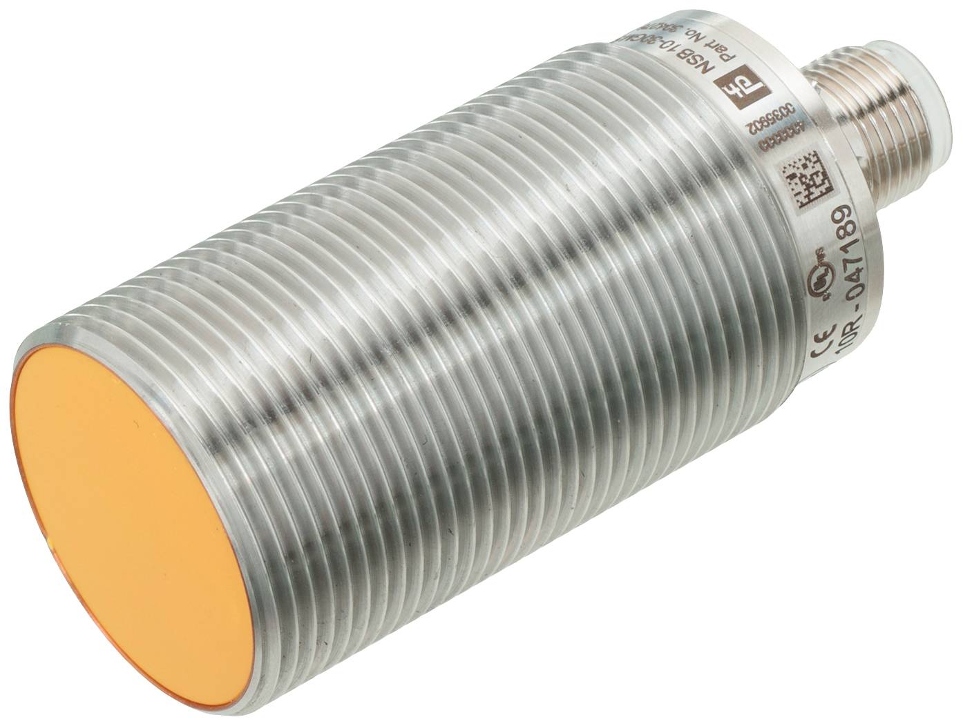 Ein zylindrischer, metallischer Sensor mit geriffelter Oberfläche und orangefarbener Vorderseite. Geeignet für industrielle Anwendungen.
