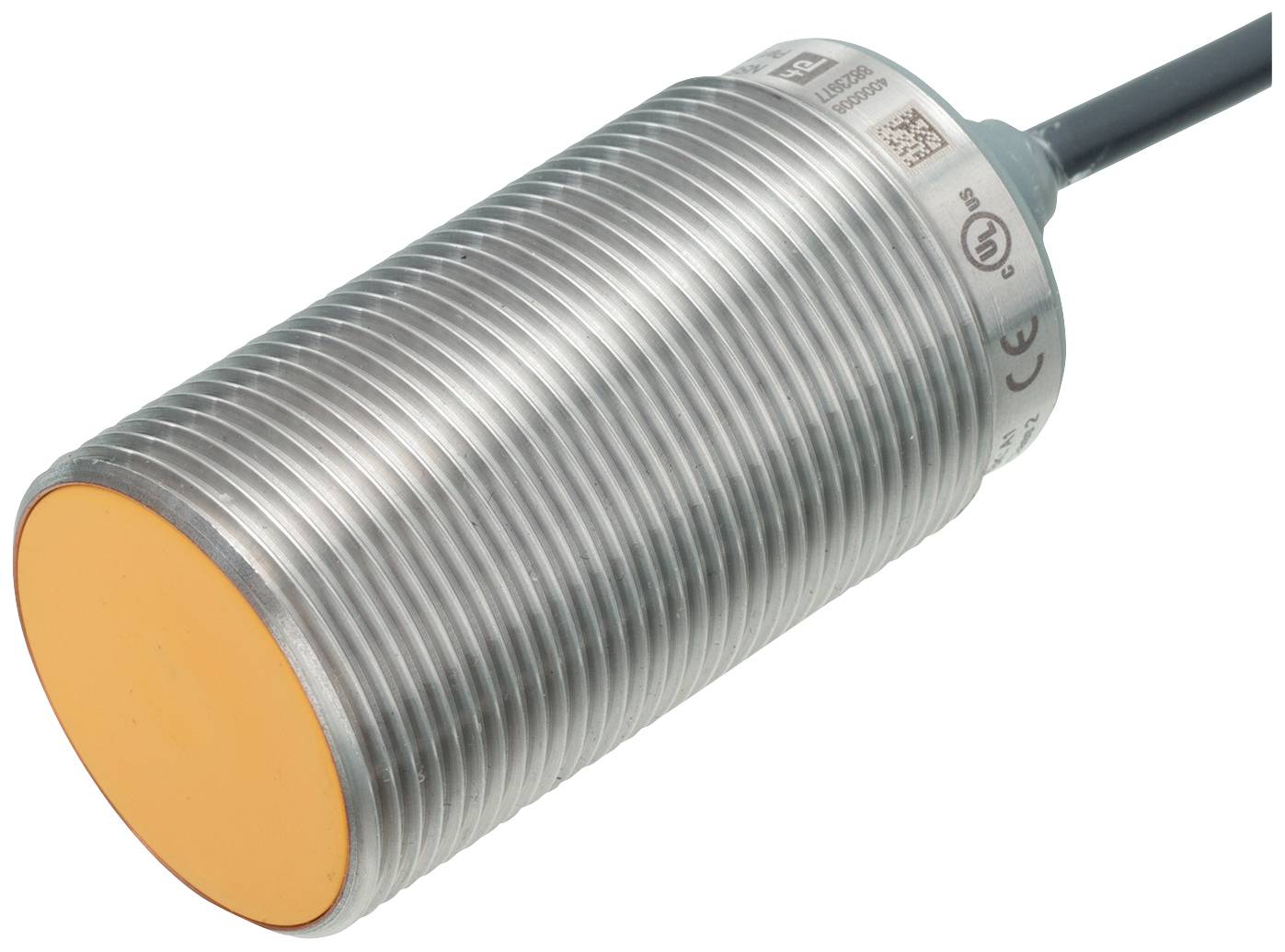 Metallzylinder mit gerillter Oberfläche und orangefarbener Spitze, verbunden mit einem Kabel; ein Sensor zur Objekterkennung.