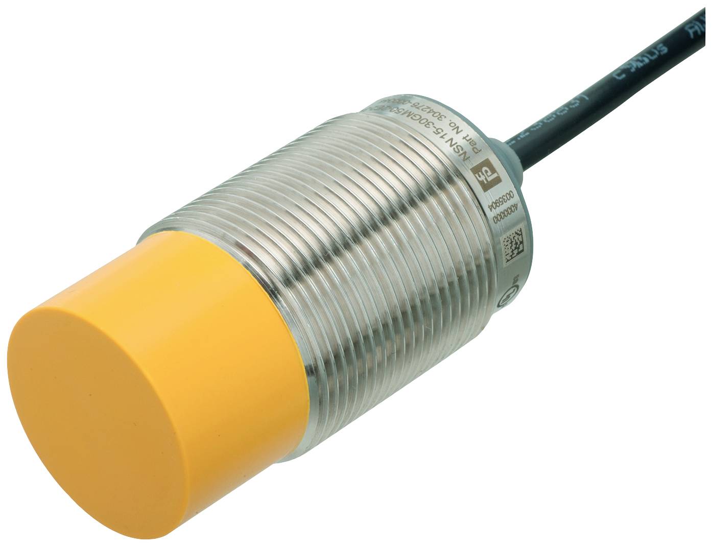 Ein zylindrischer induktiver Näherungssensor mit einem gelben Ende und Metallschaft, verbunden mit einem Kabel zur elektrischen Verbindung.