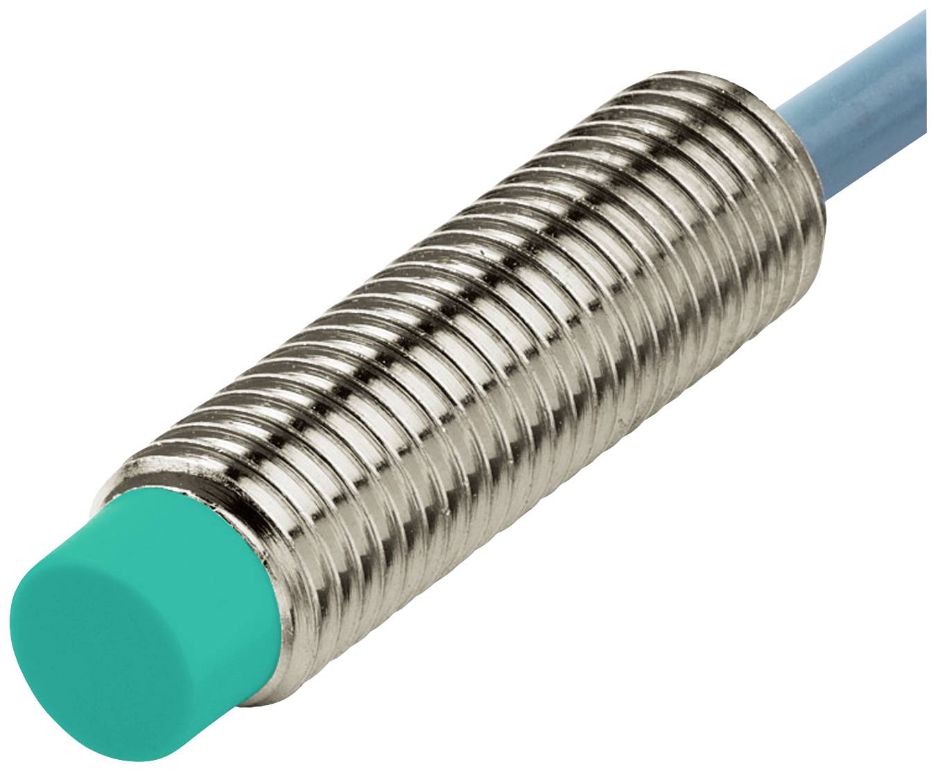Zylindrischer Sensor mit einem geriffelten Metallgehäuse und einer türkisfarbenen Spitze, verbunden durch ein blaues Kabel.