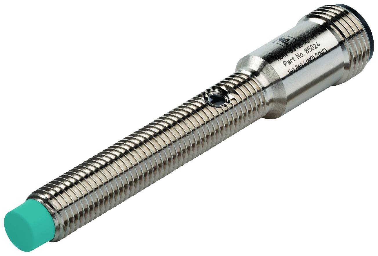 Zylindrischer induktiver Sensor mit grünem Kopf und Metallgehäuse. Eignung für Positionserkennung in automatisierten Systemen.