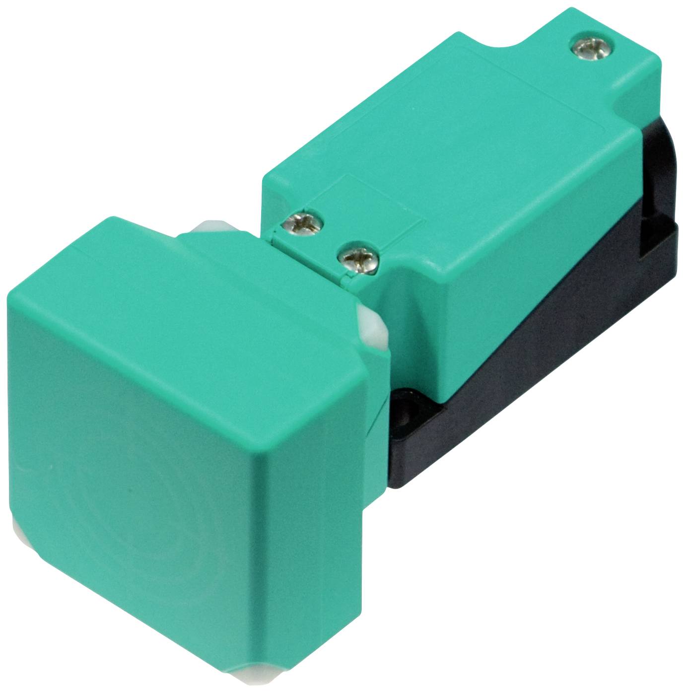 Grüner Sensor mit schwarzer Basis, zwei silbernen Schrauben oben; wird in industriellen Anwendungen zur Objektdetektion verwendet.