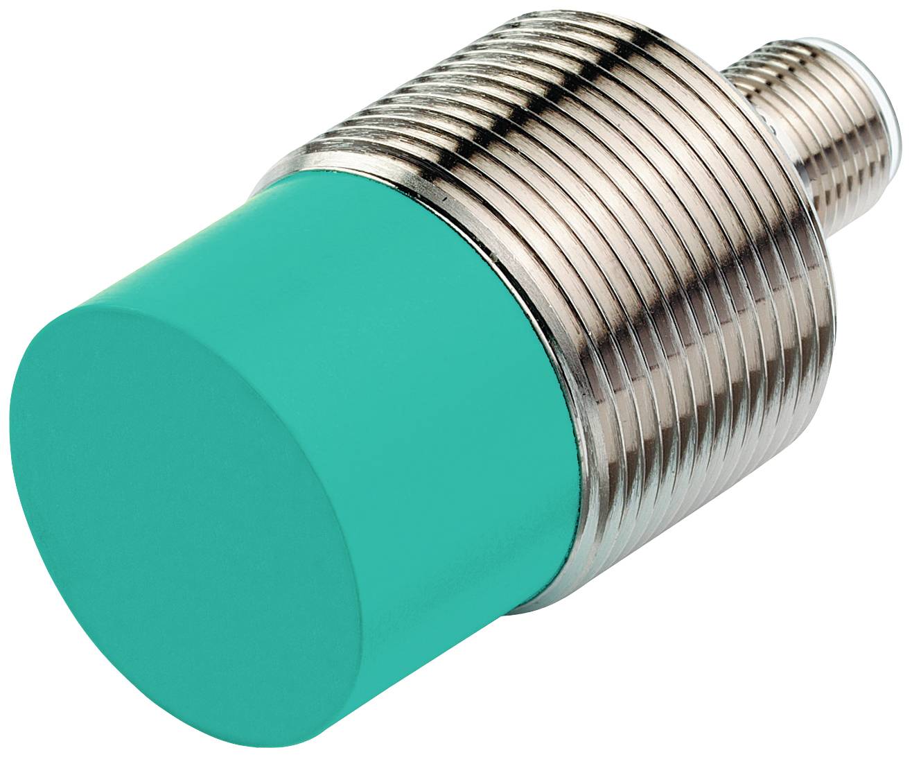 Zylindrischer Sensor mit grünem Kopf und metallischem Gewinde, verwendet in industriellen Anwendungen zur Objekterkennung.