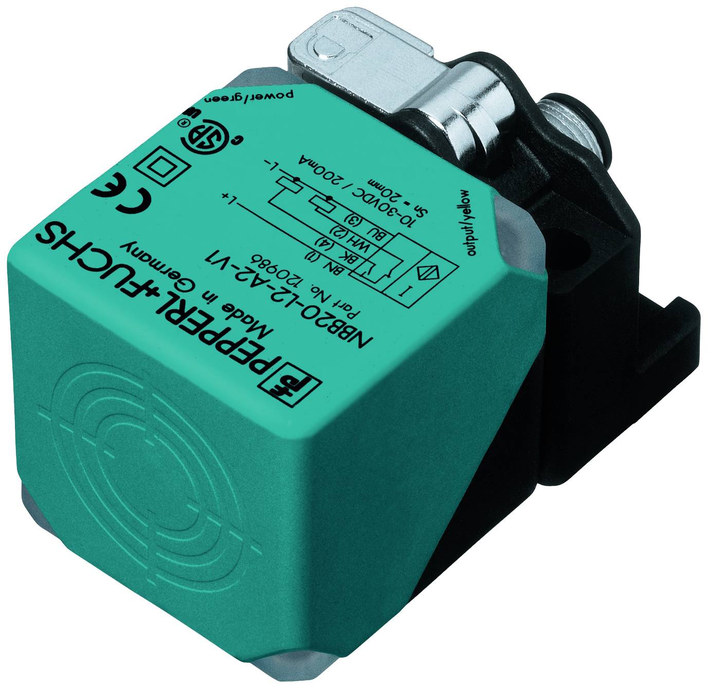 Induktiver Sensor von Pepperl+Fuchs, Modell NBB30-U1Z3-V1, geeignet für 10-30 VDC, IP67, robustes Gehäuse mit Anschlusskabel.