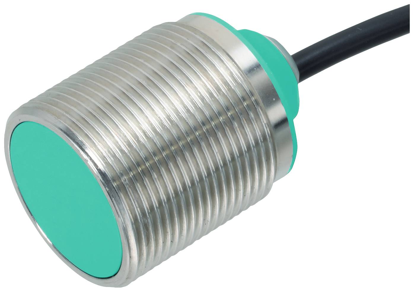 Zylindrischer Sensorkopf mit Kabelanschluss, Metallgehäuse, grüne Kappe. Elektronisches Bauteil zur Abstandsmessung.