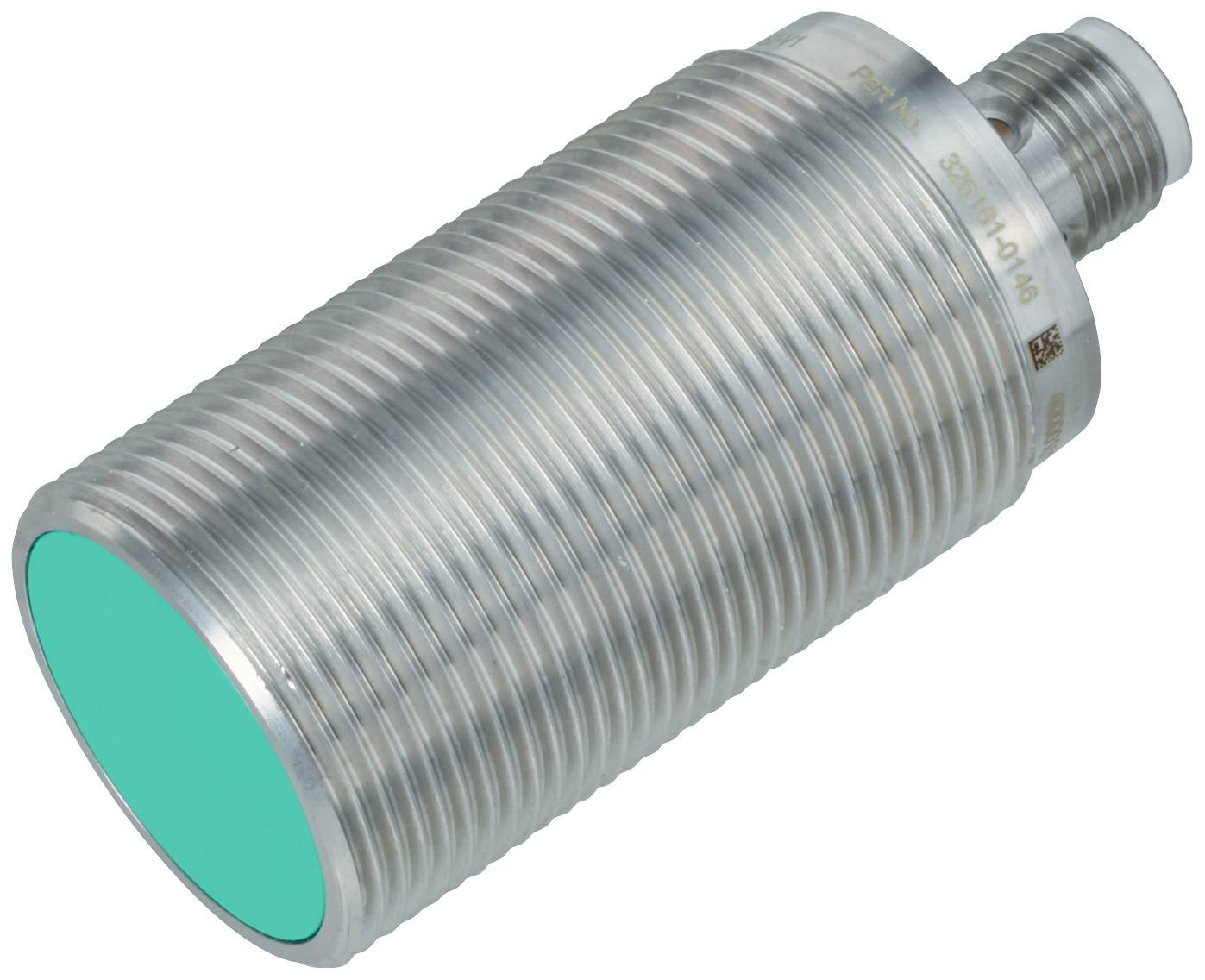 Zylindrischer, metallischer Induktionssensor mit einem grünen Ende und Anschluss. Dient zur berührungslosen Erkennung von Metallobjekten.