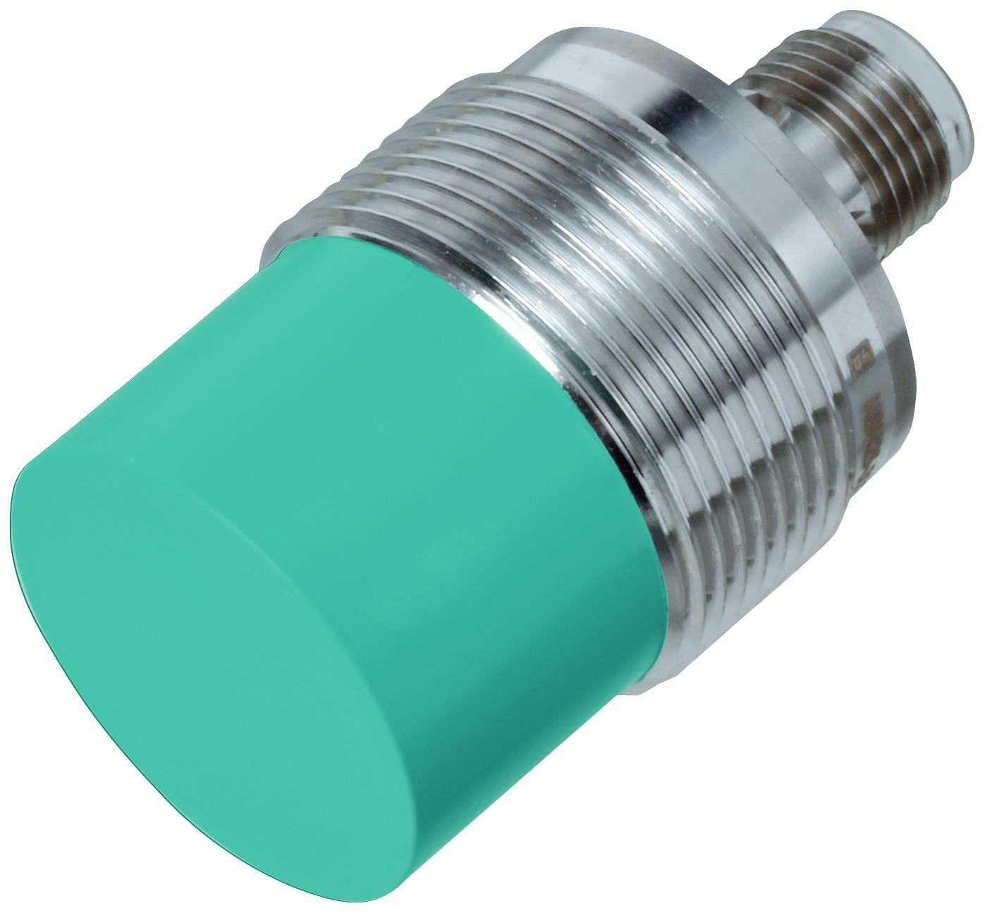 Ein zylindrischer grüner Sensor mit einem Metallgewinde-Anschluss, vermutlich zur industriellen Anwendung oder Maschineneinsatz.