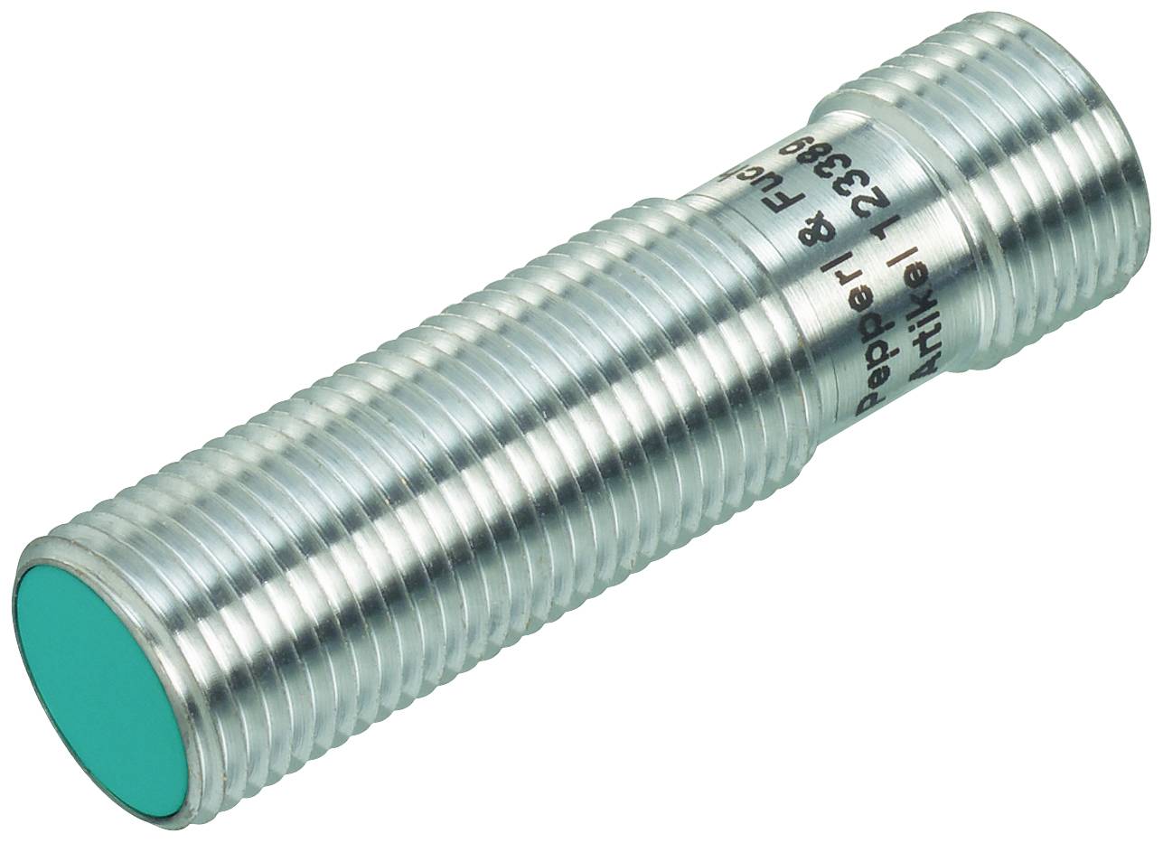 Zylindrischer Metallobjekt mit geriffelter Oberfläche, vorderes Ende grün, beschriftet mit 'PEPPERL+FUCHS', möglicherweise ein Sensor.