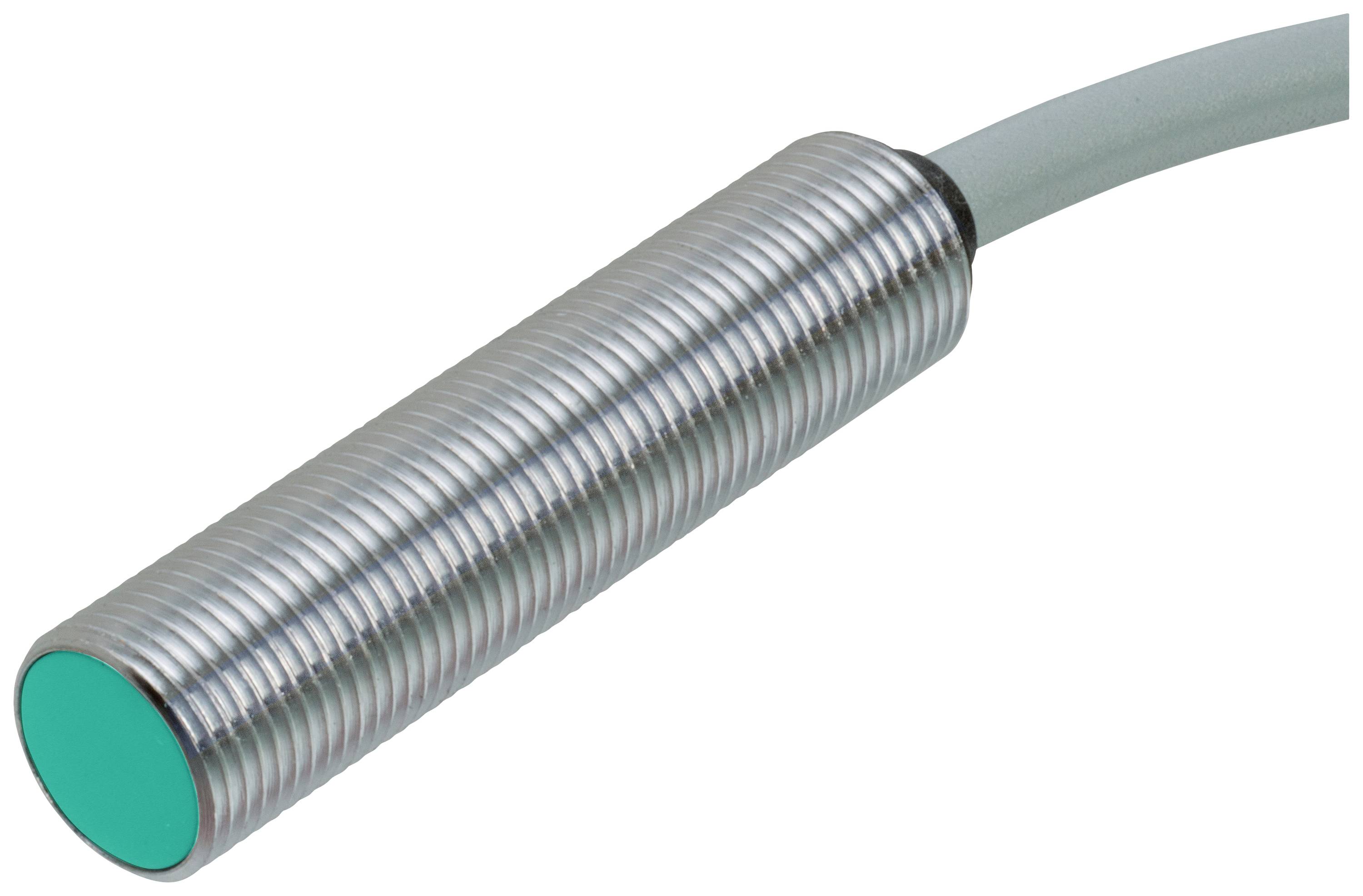 Ein zylindrischer, geriffelter Metallzylinder mit einem grünen, flachen Endstück und einem Kabel, vermutlich ein Sensor.