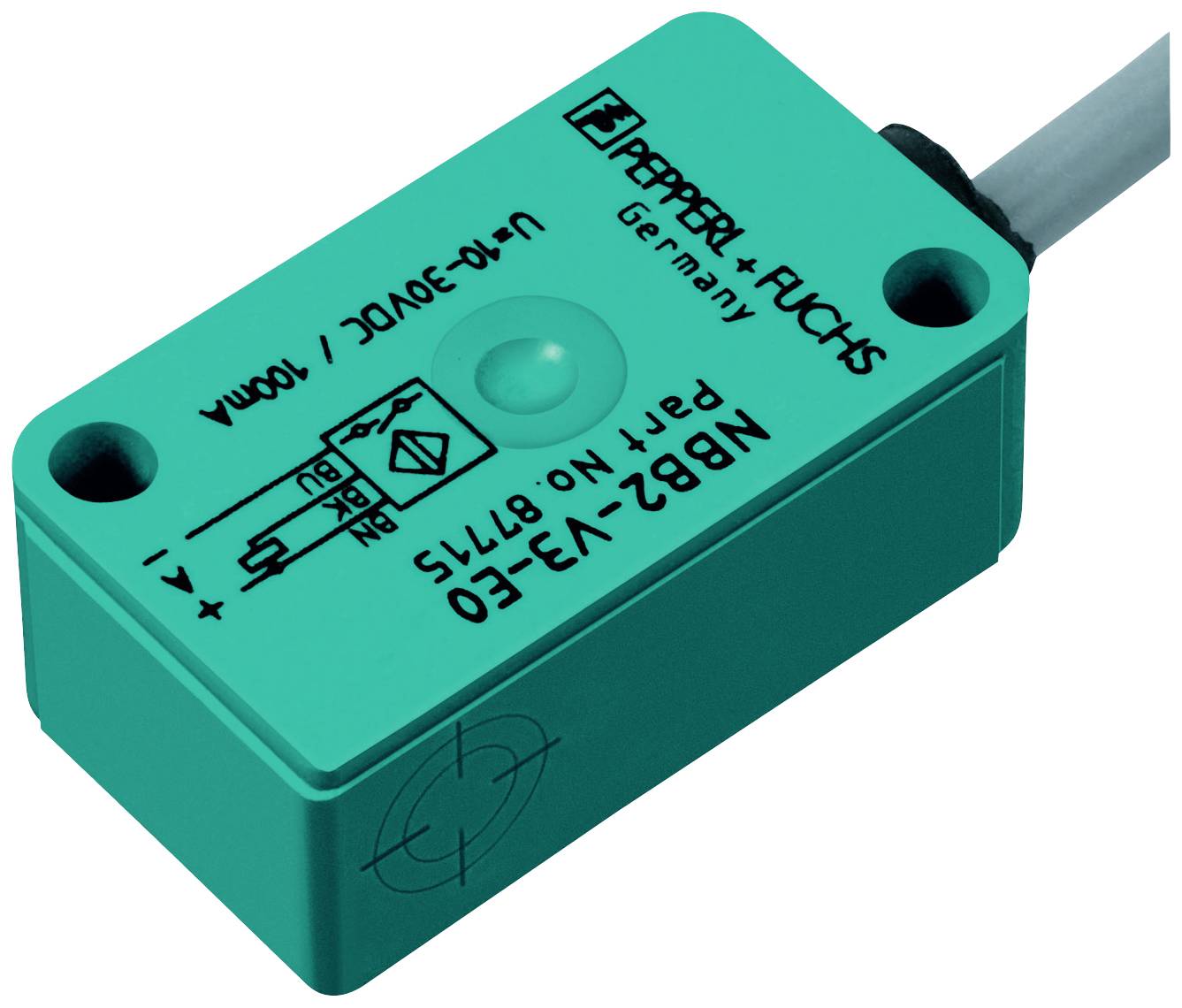 Ein rechteckiger, grüner Sensor von Pepperl+Fuchs mit Modellnummer 'NB2-V3-E0'. Verbindungskabel und technische Zeichnung auf der Oberseite.