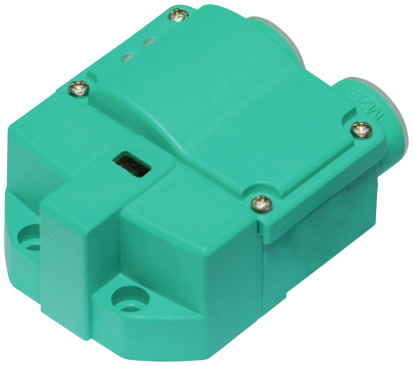 Ein rechteckiger, türkisfarbener Sensor mit zwei sichtbaren Befestigungsschrauben und zwei zylinderförmigen Anschlüssen.
