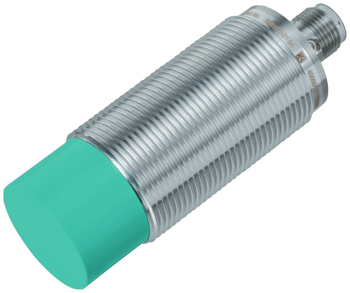 Zylindrischer Sensor mit geripptem Metallgehäuse und grünem Kunststoffkopf, geeignet für industrielle Anwendungen.