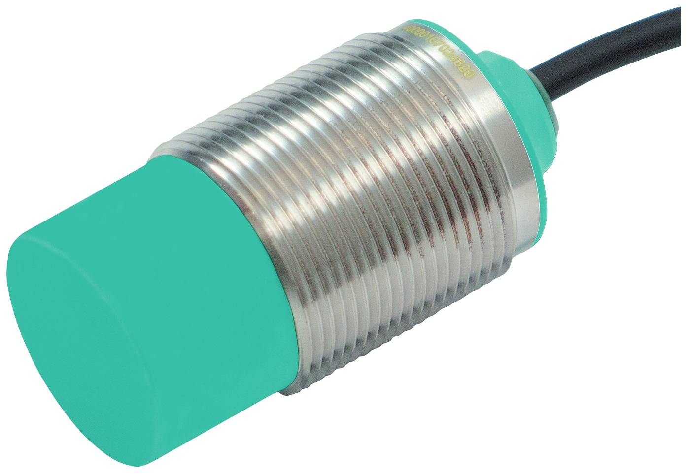 Ein zylindrischer, kapazitiver Sensor mit Metallgehäuse und grünem Kopf. Verwendet in der berührungslosen Objekterkennung.