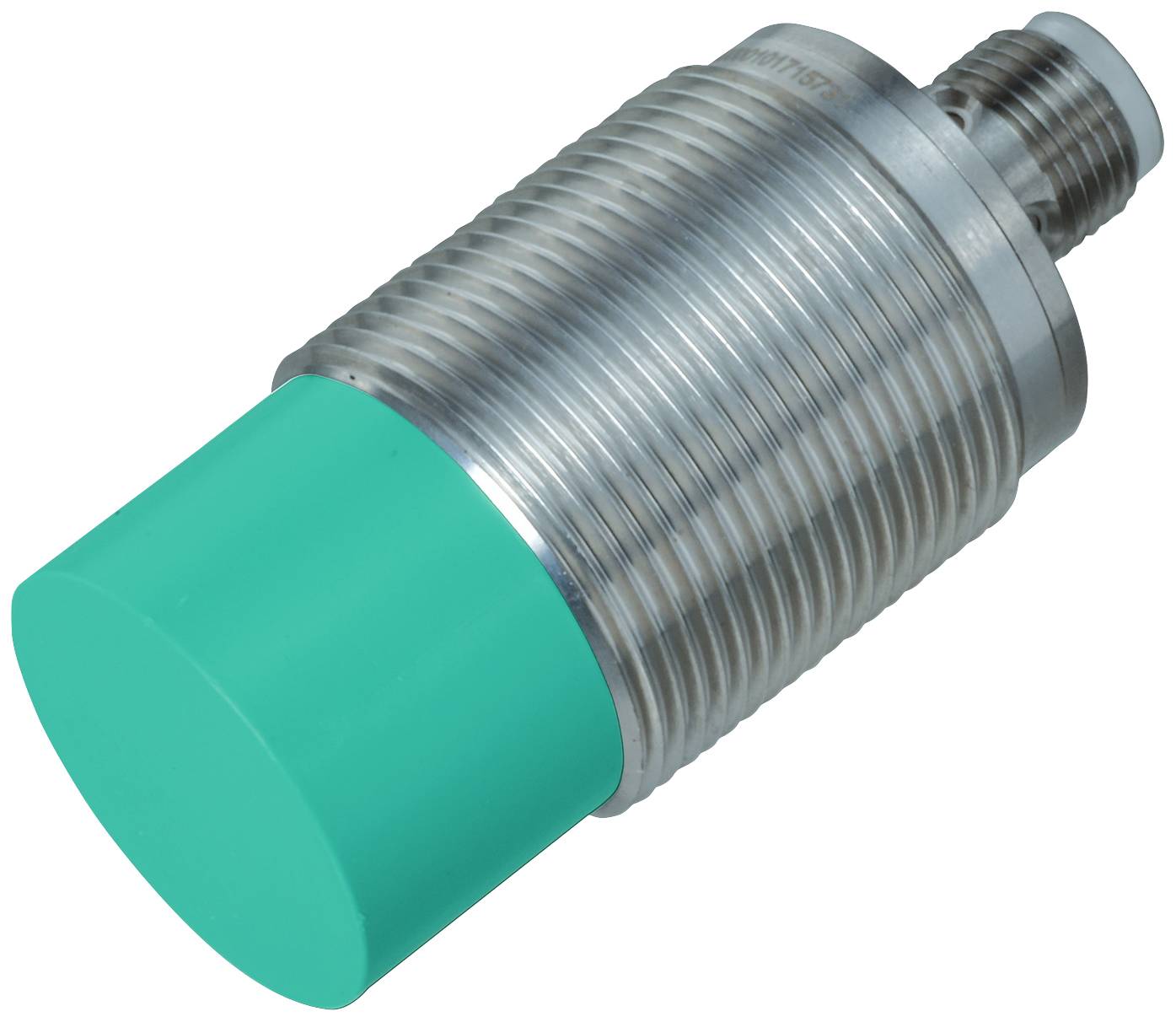 Silberner zylindrischer Sensor mit grünem Ende und Gewinde, geeignet für industrielle Anwendungen zur Objekterkennung.