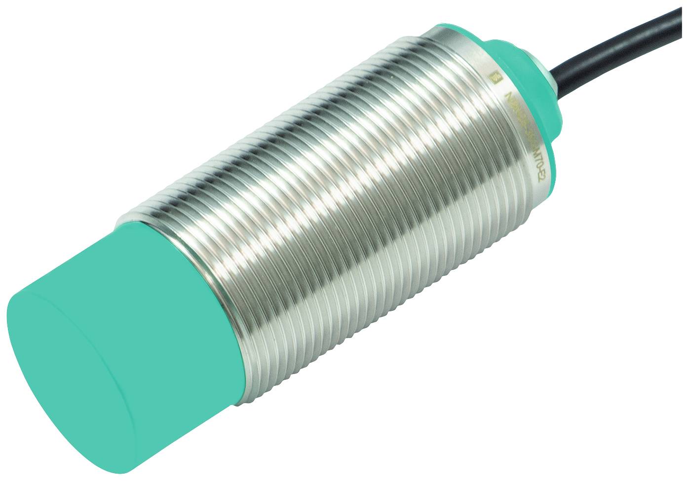 Metallischer zylindrischer Sensor mit grünem Kopf und schwarzem Kabel, geeignet für industrielle Anwendungen zur Objekterkennung.